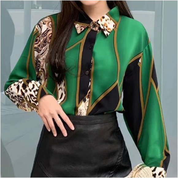 Fashion Leopard Contrast Long Sleeve Shirt Blouse Top - Picture 8 of 15